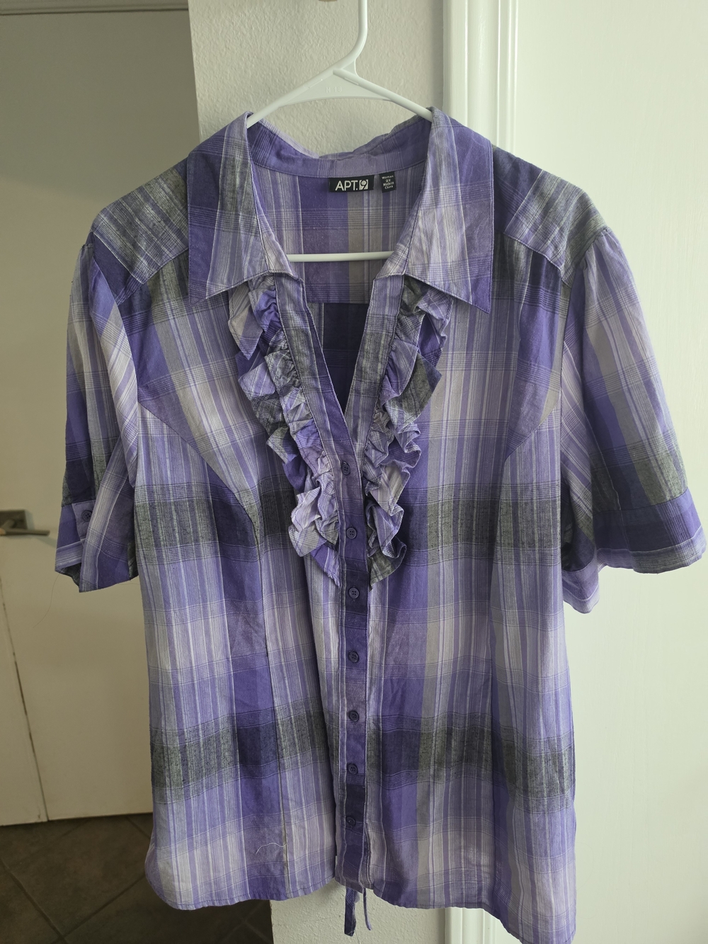 Apt. 9 Lavender Plaid Ruffle-Front Button Blouse